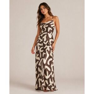 Paper Heart Brown Cream Abstract Print Satin Maxi Dress Womens Medium NWT